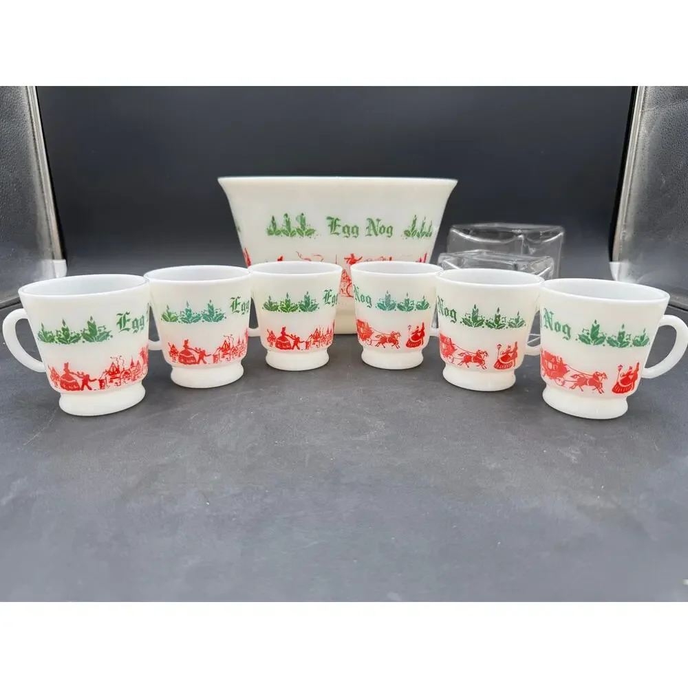 Vintage Milk Glass Tom & Jerry Egg Nog Punch Bowl and Cups Hazel Atlas 7 Pieces